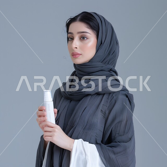 الوقوف باستقامة لالتقاط صورة شخصية للوثائق الرسمية، مفهوم الأنوثة والاهتمام بالمظهر الخارجي، بورتريه لامرأة عربية خليجية سعودية محجبة تنظر الى الكاميرا بإيماءات الثقة بالنفس، خلفية رمادية