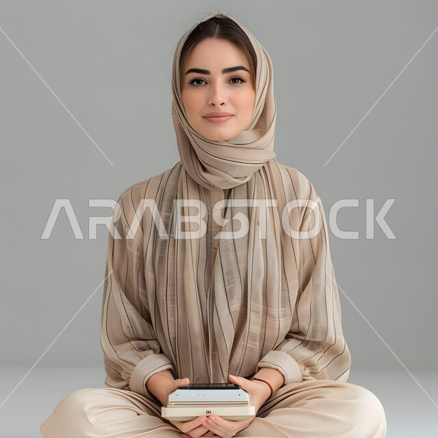 الوقوف باستقامة لالتقاط صورة شخصية للوثائق الرسمية، مفهوم الأنوثة والاهتمام بالمظهر الخارجي، بورتريه لامرأة عربية خليجية سعودية محجبة تنظر الى الكاميرا بإيماءات الثقة بالنفس، خلفية رمادية