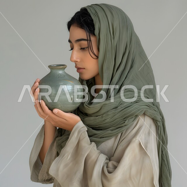 الوقوف باستقامة لالتقاط صورة شخصية للوثائق الرسمية، مفهوم الأنوثة والاهتمام بالمظهر الخارجي، بورتريه لامرأة عربية خليجية سعودية محجبة تنظر الى الكاميرا بإيماءات الثقة بالنفس، خلفية رمادية