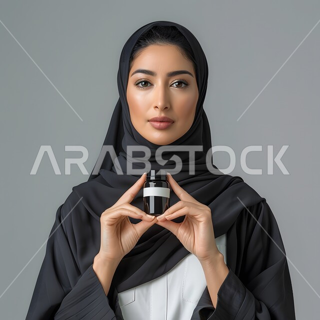 الوقوف باستقامة لالتقاط صورة شخصية للوثائق الرسمية، مفهوم الأنوثة والاهتمام بالمظهر الخارجي، بورتريه لامرأة عربية خليجية سعودية محجبة تنظر الى الكاميرا بإيماءات الثقة بالنفس، خلفية رمادية