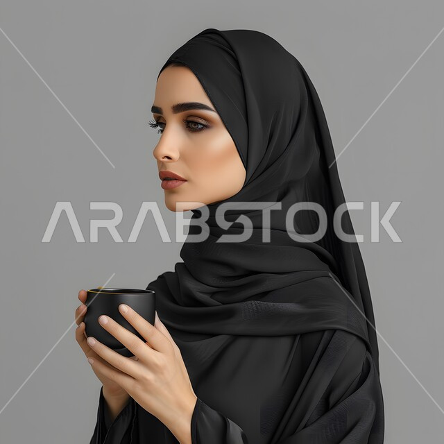 الوقوف باستقامة لالتقاط صورة شخصية للوثائق الرسمية، مفهوم الأنوثة والاهتمام بالمظهر الخارجي، بورتريه لامرأة عربية خليجية سعودية محجبة تنظر الى الكاميرا بإيماءات الثقة بالنفس، خلفية رمادية