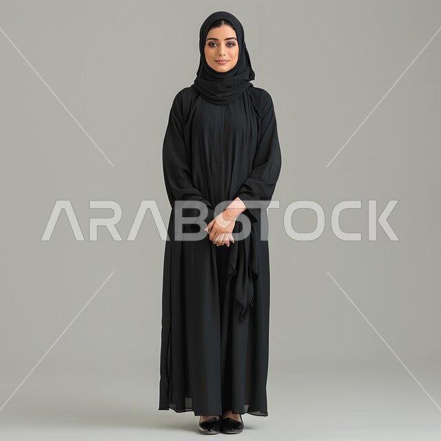 Standing straight to take a personal photo for official documents, the concept of femininity and concern for external appearance, portrait of a veiled Saudi Arabian Gulf woman looking at the camera with gestures of self-confidence, gray background