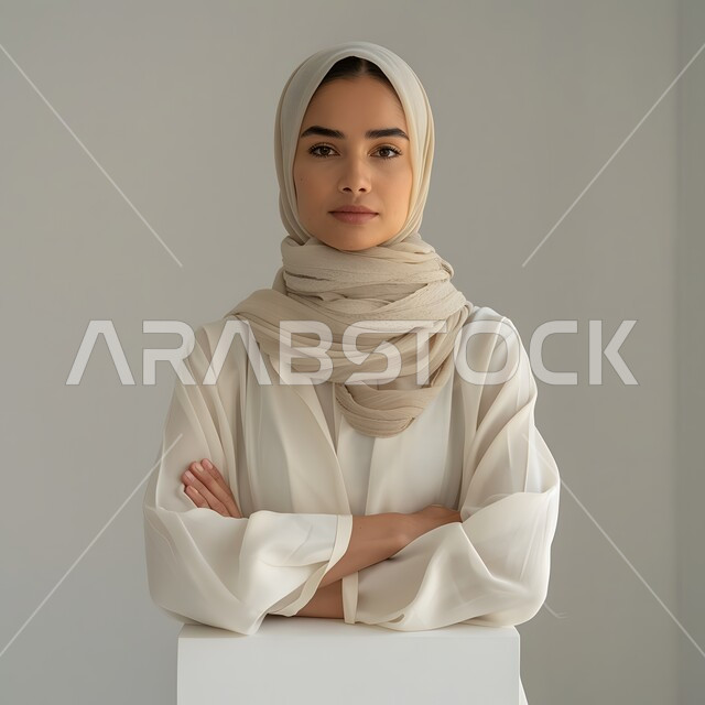 الوقوف باستقامة لالتقاط صورة شخصية للوثائق الرسمية، مفهوم الأنوثة والاهتمام بالمظهر الخارجي، بورتريه لامرأة عربية خليجية سعودية محجبة تنظر الى الكاميرا بإيماءات الثقة بالنفس، خلفية رمادية