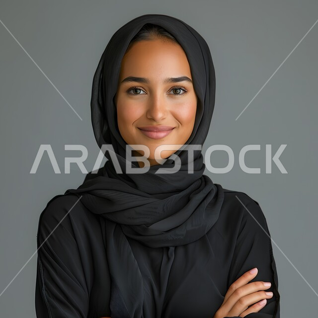 الوقوف باستقامة لالتقاط صورة شخصية للوثائق الرسمية، مفهوم الأنوثة والاهتمام بالمظهر الخارجي، بورتريه لامرأة عربية خليجية سعودية محجبة تنظر الى الكاميرا بإيماءات الثقة بالنفس، خلفية رمادية