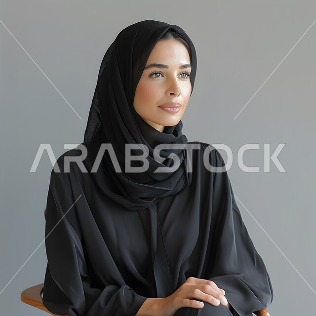 التقاط صورة شخصية للوثائق الرسمية، مفهوم الأنوثة والاهتمام بالمظهر الخارجي، بورتريه لامرأة عربية خليجية سعودية محجبة تقف باستقامة بإيماءات الثقة بالنفس، خلفية رمادية