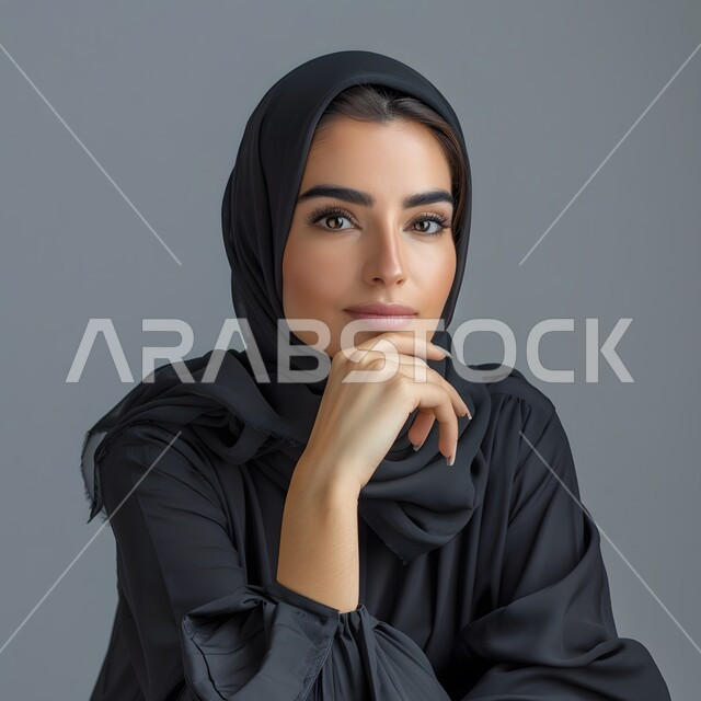 التقاط صورة شخصية للوثائق الرسمية، مفهوم الأنوثة والاهتمام بالمظهر الخارجي، بورتريه لامرأة عربية خليجية سعودية محجبة تقف باستقامة بإيماءات الثقة بالنفس، خلفية رمادية
