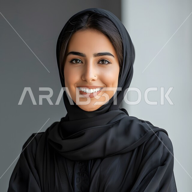 التقاط صورة شخصية للوثائق الرسمية، مفهوم الأنوثة والاهتمام بالمظهر الخارجي، بورتريه لامرأة عربية خليجية سعودية محجبة تقف باستقامة بإيماءات الثقة بالنفس، خلفية رمادية