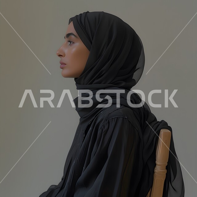 التقاط صورة شخصية للوثائق الرسمية، مفهوم الأنوثة والاهتمام بالمظهر الخارجي، بورتريه لامرأة عربية خليجية سعودية محجبة تقف باستقامة بإيماءات الثقة بالنفس، خلفية رمادية
