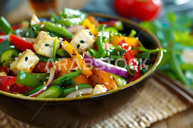 مطاعم للمأكولات الشرقية، الأساليب الفنية في تقديم الطعام، وعاء مليء بقطع الخضراوات والخبز المحمص، أطباق شعبية تقليدية في السعودية، طبق من سلطة الفتوش والمقبلات العربية