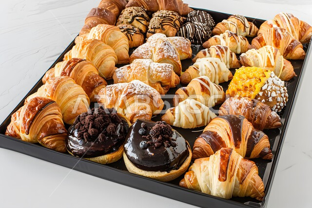 منتجات محلية وطنية، طبق من الحلويات اللذيذة والكروسان، كرم الضيافة في السعودية، وصفات الأطعمة العربية الشرقية، أكلات غنية بالسكريات والسعرات الحرارية، ضيافة الأعياد والمناسبات في المملكة