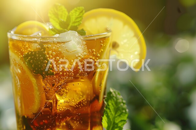 مشروب صيفي منعش ومثلج، صورة مقربة لكوب من عصير الموهيتو اللذيذ مع شرائح الليمون، الاستمتاع بالمشروبات الباردة، عصائر طبيعية لذيذة، عصير صحي ومفيد