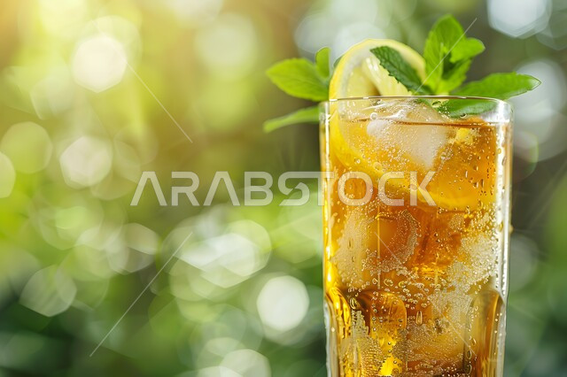 مشروب صيفي منعش ومثلج، صورة مقربة لكوب من عصير الموهيتو اللذيذ مع شرائح الليمون، الاستمتاع بالمشروبات الباردة، عصائر طبيعية لذيذة، عصير صحي ومفيد