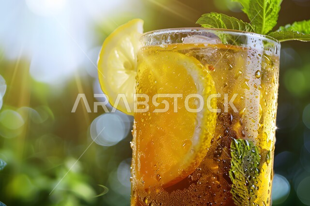 مشروب صيفي منعش ومثلج، صورة مقربة لكوب من عصير الموهيتو اللذيذ مع شرائح الليمون، الاستمتاع بالمشروبات الباردة، عصائر طبيعية لذيذة، عصير صحي ومفيد