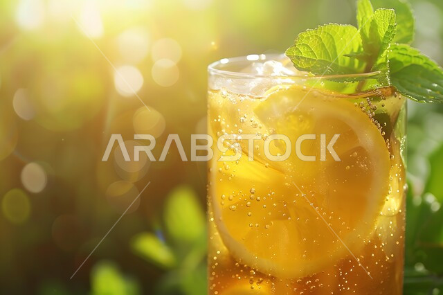 مشروب صيفي منعش ومثلج، صورة مقربة لكوب من عصير الموهيتو اللذيذ مع شرائح الليمون، الاستمتاع بالمشروبات الباردة، عصائر طبيعية لذيذة، عصير صحي ومفيد