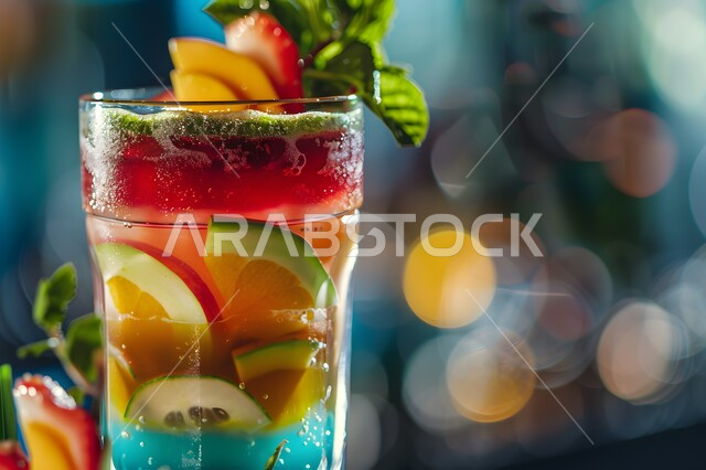 مشروب صيفي منعش ومثلج، صورة مقربة لكوب من عصير الموهيتو اللذيذ مع شرائح الليمون، الاستمتاع بالمشروبات الباردة، عصائر طبيعية لذيذة، عصير صحي ومفيد