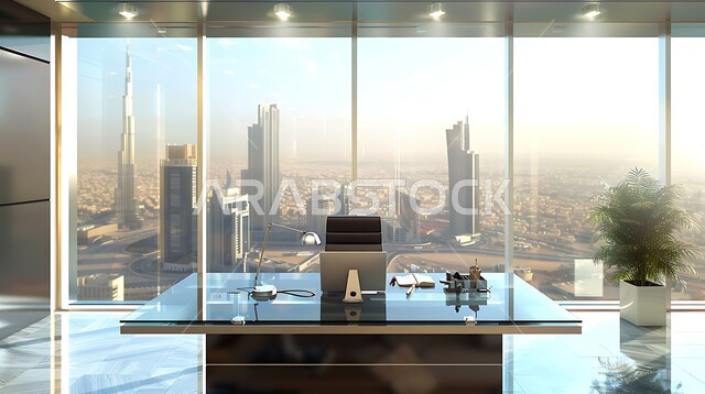 واجهات زجاجية ضخمة مطلة على افق مدينة الرياض, غرف مكتبية بتصاميم داخلية وديكورات مميزة، غرف مجهزة بأثاث فاخر، تصميم عصري حديث لمكتب في المملكة العربية السعودية, استخدام التقنيات والأجهزة الحديثة
