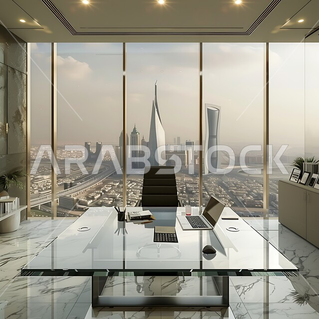 واجهات زجاجية ضخمة مطلة على افق مدينة الرياض, غرف مكتبية بتصاميم داخلية وديكورات مميزة، غرف مجهزة بأثاث فاخر، تصميم عصري حديث لمكتب في المملكة العربية السعودية, استخدام التقنيات والأجهزة الحديثة