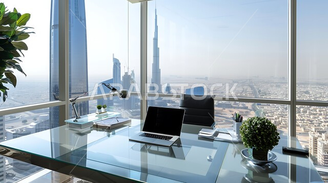 واجهات زجاجية ضخمة مطلة على افق مدينة الرياض, غرف مكتبية بتصاميم داخلية وديكورات مميزة، غرف مجهزة بأثاث فاخر، تصميم عصري حديث لمكتب في المملكة العربية السعودية, استخدام التقنيات والأجهزة الحديثة