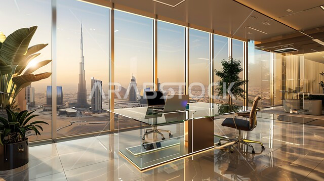 واجهات زجاجية ضخمة مطلة على افق مدينة الرياض, غرف مكتبية بتصاميم داخلية وديكورات مميزة، غرف مجهزة بأثاث فاخر، تصميم عصري حديث لمكتب في المملكة العربية السعودية, استخدام التقنيات والأجهزة الحديثة