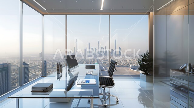 واجهات زجاجية ضخمة مطلة على افق مدينة الرياض, غرف مكتبية بتصاميم داخلية وديكورات مميزة، غرف مجهزة بأثاث فاخر، تصميم عصري حديث لمكتب في المملكة العربية السعودية, استخدام التقنيات والأجهزة الحديثة