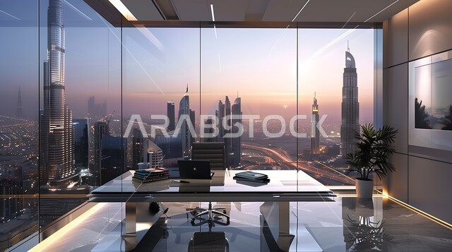 واجهات زجاجية ضخمة مطلة على افق مدينة الرياض, غرف مكتبية بتصاميم داخلية وديكورات مميزة، غرف مجهزة بأثاث فاخر، تصميم عصري حديث لمكتب في المملكة العربية السعودية, استخدام التقنيات والأجهزة الحديثة