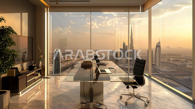 واجهات زجاجية ضخمة مطلة على افق مدينة الرياض, غرف مكتبية بتصاميم داخلية وديكورات مميزة، غرف مجهزة بأثاث فاخر، تصميم عصري حديث لمكتب في المملكة العربية السعودية, استخدام التقنيات والأجهزة الحديثة