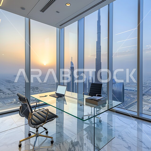 واجهات زجاجية ضخمة مطلة على افق مدينة الرياض, غرف مكتبية بتصاميم داخلية وديكورات مميزة، غرف مجهزة بأثاث فاخر، تصميم عصري حديث لمكتب في المملكة العربية السعودية, استخدام التقنيات والأجهزة الحديثة