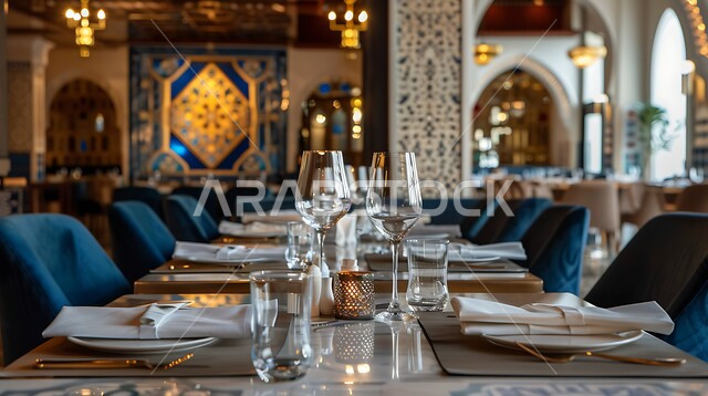 الديكورات والتصاميم الداخلية للكافيهات والمطاعم, طاولات مجهزة بالأواني والأطباق, مفهوم الأناقة والرقي، أثاث داخلي راقي لمطعم على الطراز الحديث في المملكة العربية السعودية