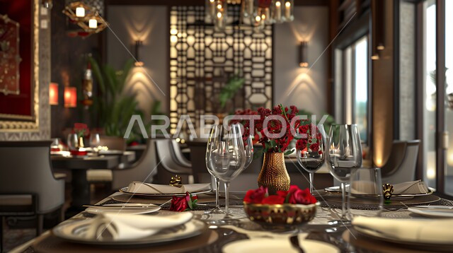 الديكورات والتصاميم الداخلية للكافيهات والمطاعم, طاولات مجهزة بالأواني والأطباق, مفهوم الأناقة والرقي، أثاث داخلي راقي لمطعم على الطراز الحديث في المملكة العربية السعودية