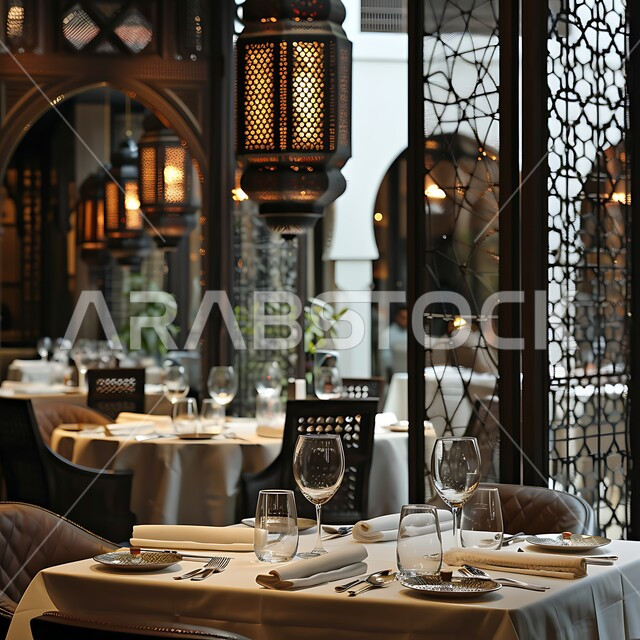 الديكورات والتصاميم الداخلية للكافيهات والمطاعم, طاولات مجهزة بالأواني والأطباق, مفهوم الأناقة والرقي، أثاث داخلي راقي لمطعم على الطراز الحديث في المملكة العربية السعودية