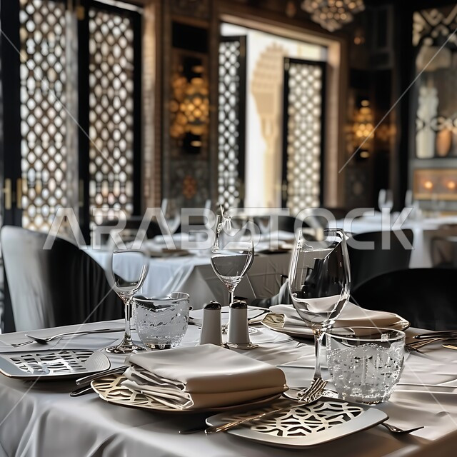 Decorations and interior designs for cafes and restaurants, tables equipped with utensils and dishes, the concept of elegance and sophistication, upscale interior furniture for a modern-style restaurant in the Kingdom of Saudi Arabia