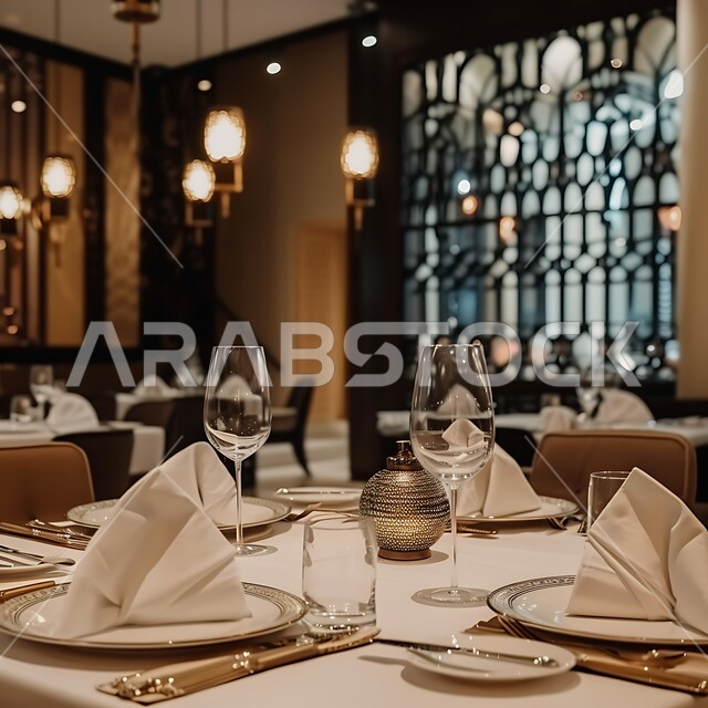 الديكورات والتصاميم الداخلية للكافيهات والمطاعم, طاولات مجهزة بالأواني والأطباق, مفهوم الأناقة والرقي، أثاث داخلي راقي لمطعم على الطراز الحديث في المملكة العربية السعودية