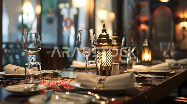 طاولات مجهزة بالأواني والأطباق, الديكورات والتصاميم الداخلية للكافيهات والمطاعم, مفهوم الأناقة والرقي، أثاث داخلي راقي لمطعم على الطراز الحديث في المملكة العربية السعودية