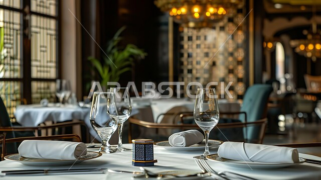 طاولات مجهزة بالأواني والأطباق, الديكورات والتصاميم الداخلية للكافيهات والمطاعم, مفهوم الأناقة والرقي، أثاث داخلي راقي لمطعم على الطراز الحديث في المملكة العربية السعودية