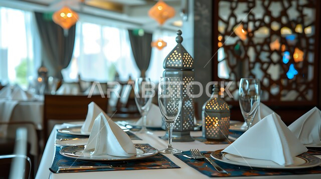 طاولات مجهزة بالأواني والأطباق, الديكورات والتصاميم الداخلية للكافيهات والمطاعم, مفهوم الأناقة والرقي، أثاث داخلي راقي لمطعم على الطراز الحديث في المملكة العربية السعودية