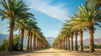 Palm tree farms and oases in desert nature, local agricultural crops and products, natural reserves in the Kingdom of Saudi Arabia, interest in agriculture and afforestation, dunes and soft golden sand, recreational safari areas