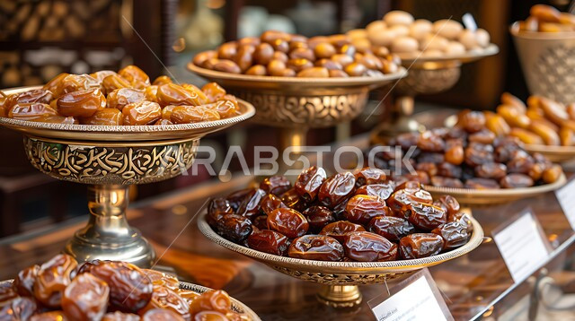 أطباق من التمور الصحية المتنوعة, بطاقات تعريفية باسم ونوع التمر، ثمار ومحاصيل زراعية محلية وطنية، وجبة ذات قيمة غذائية عالية، ضيافة رمضانية شهية، الأسواق الشعبية التقليدية