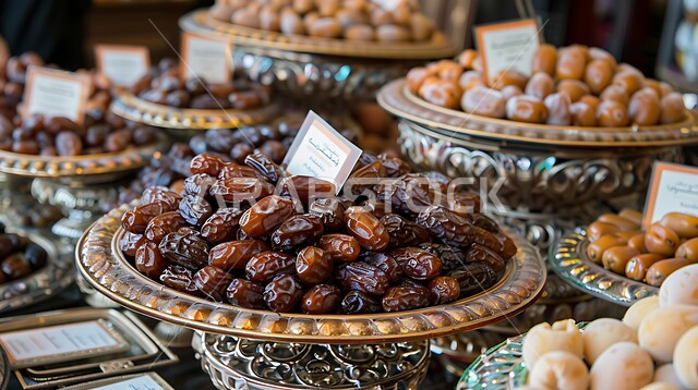 أطباق من التمور الصحية المتنوعة, بطاقات تعريفية باسم ونوع التمر، ثمار ومحاصيل زراعية محلية وطنية، وجبة ذات قيمة غذائية عالية، ضيافة رمضانية شهية، الأسواق الشعبية التقليدية