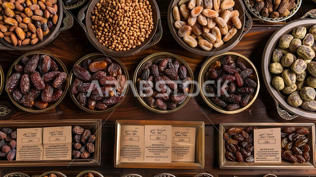 أطباق من التمور الصحية المتنوعة, بطاقات تعريفية باسم ونوع التمر، ثمار ومحاصيل زراعية محلية وطنية، وجبة ذات قيمة غذائية عالية، ضيافة رمضانية شهية، الأسواق الشعبية التقليدية