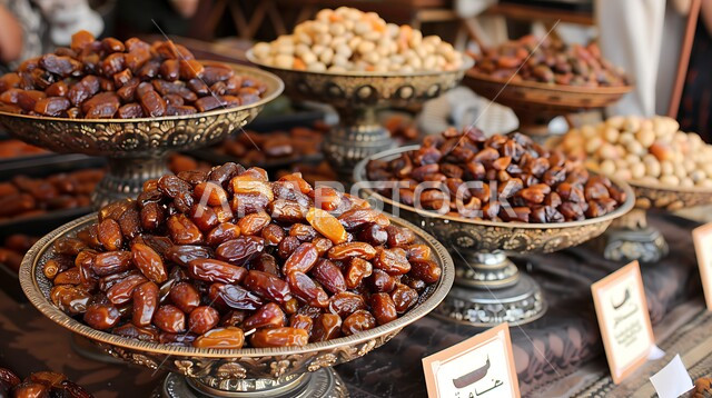ثمار ومحاصيل زراعية محلية وطنية، أطباق من التمور الصحية المتنوعة, بطاقات تعريفية باسم ونوع التمر، وجبة ذات قيمة غذائية عالية، ضيافة رمضانية شهية، الأسواق الشعبية التقليدية