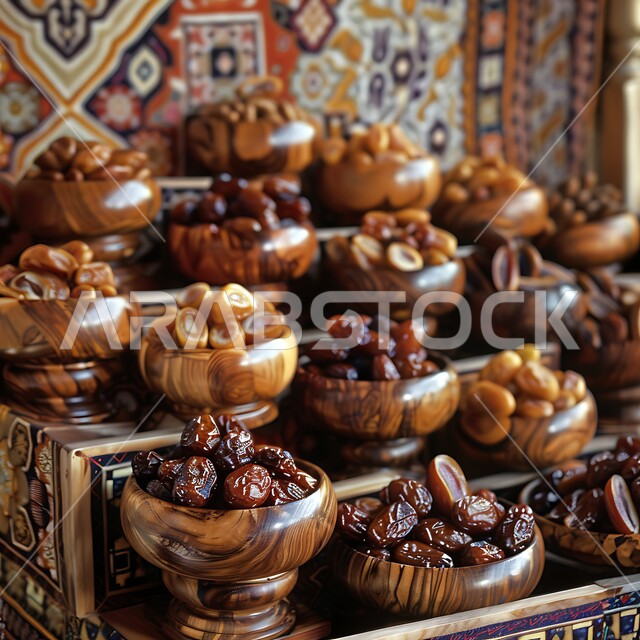 الفواكه المجففة الطازجة، ثمار ومحاصيل زراعية محلية وطنية، أطباق من التمور الصحية المتنوعة, بطاقات تعريفية باسم ونوع التمر، وجبة ذات قيمة غذائية عالية، ضيافة رمضانية شهية، الأسواق الشعبية التقليدية