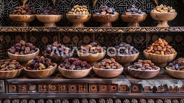 وجبة ذات قيمة غذائية عالية، الفواكه المجففة الطازجة، ثمار ومحاصيل زراعية محلية وطنية، أطباق من التمور الصحية المتنوعة, بطاقات تعريفية باسم ونوع التمر، ضيافة رمضانية شهية، الأسواق الشعبية التقليدية