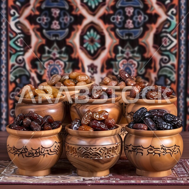 وجبة ذات قيمة غذائية عالية، الفواكه المجففة الطازجة، ثمار ومحاصيل زراعية محلية وطنية، أطباق من التمور الصحية المتنوعة, بطاقات تعريفية باسم ونوع التمر، ضيافة رمضانية شهية، الأسواق الشعبية التقليدية