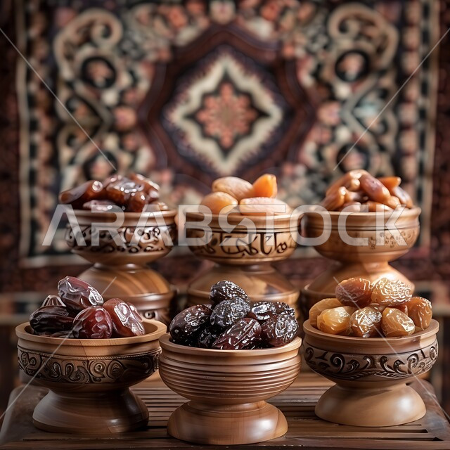 وجبة ذات قيمة غذائية عالية، الفواكه المجففة الطازجة، ثمار ومحاصيل زراعية محلية وطنية، أطباق من التمور الصحية المتنوعة, بطاقات تعريفية باسم ونوع التمر، ضيافة رمضانية شهية، الأسواق الشعبية التقليدية