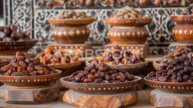 وجبة ذات قيمة غذائية عالية، الفواكه المجففة الطازجة، ثمار ومحاصيل زراعية محلية وطنية، أطباق من التمور الصحية المتنوعة, بطاقات تعريفية باسم ونوع التمر، ضيافة رمضانية شهية، الأسواق الشعبية التقليدية