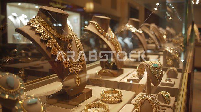 القلائد والأساور المعقدة وخواتم الأحجار الكريمة، واجهة زجاجية للمجوهرات التقليدية الذهبية، أناقة ومهارة الاكسسوارات الثمينة، الحلي المصنوعة من الذهب في المملكة العربية السعودية