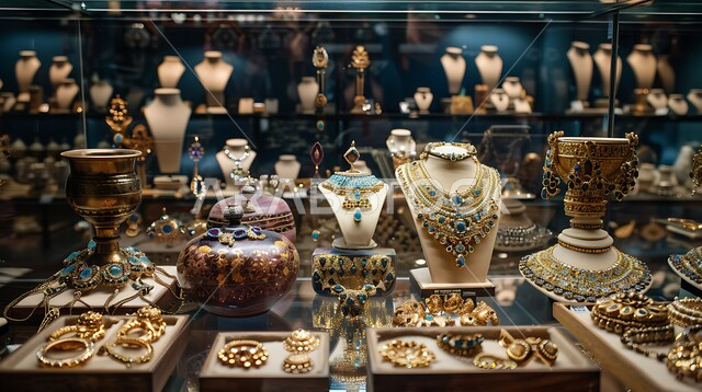 القلائد والأساور المعقدة وخواتم الأحجار الكريمة، واجهة زجاجية للمجوهرات التقليدية الذهبية، أناقة ومهارة الاكسسوارات الثمينة، الحلي المصنوعة من الذهب في المملكة العربية السعودية