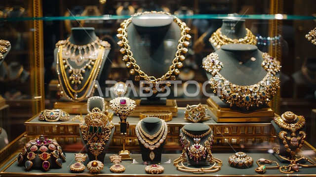 القلائد والأساور المعقدة وخواتم الأحجار الكريمة، واجهة زجاجية للمجوهرات التقليدية الذهبية، أناقة ومهارة الاكسسوارات الثمينة، الحلي المصنوعة من الذهب في المملكة العربية السعودية