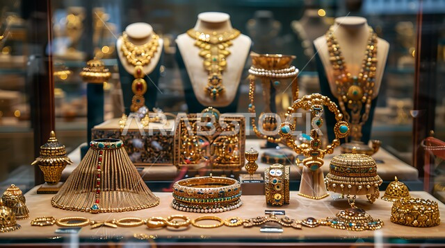 القلائد والأساور المعقدة وخواتم الأحجار الكريمة، واجهة زجاجية للمجوهرات التقليدية الذهبية، أناقة ومهارة الاكسسوارات الثمينة، الحلي المصنوعة من الذهب في المملكة العربية السعودية
