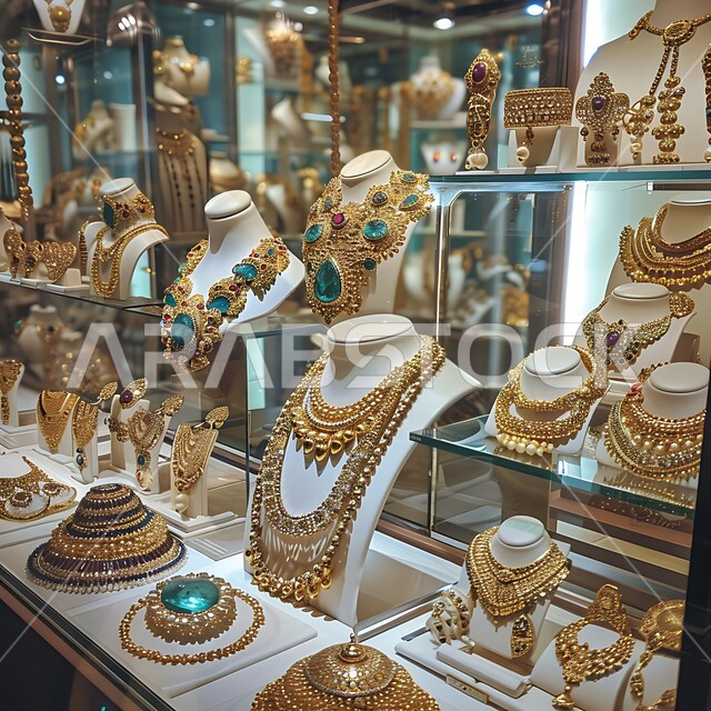 القلائد والأساور المعقدة وخواتم الأحجار الكريمة، واجهة زجاجية للمجوهرات التقليدية الذهبية، أناقة ومهارة الاكسسوارات الثمينة، الحلي المصنوعة من الذهب في المملكة العربية السعودية